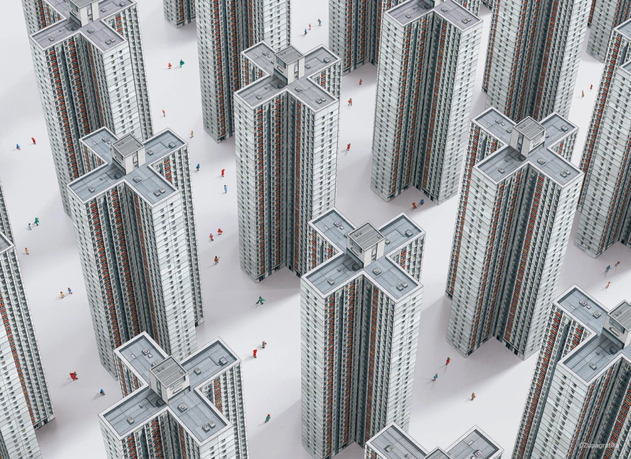 Aerial view of densely packed modernist Hong Kong public housing tower blocks with cross-shaped rooftops and tiny figures scattered across white plaza spaces between buildings