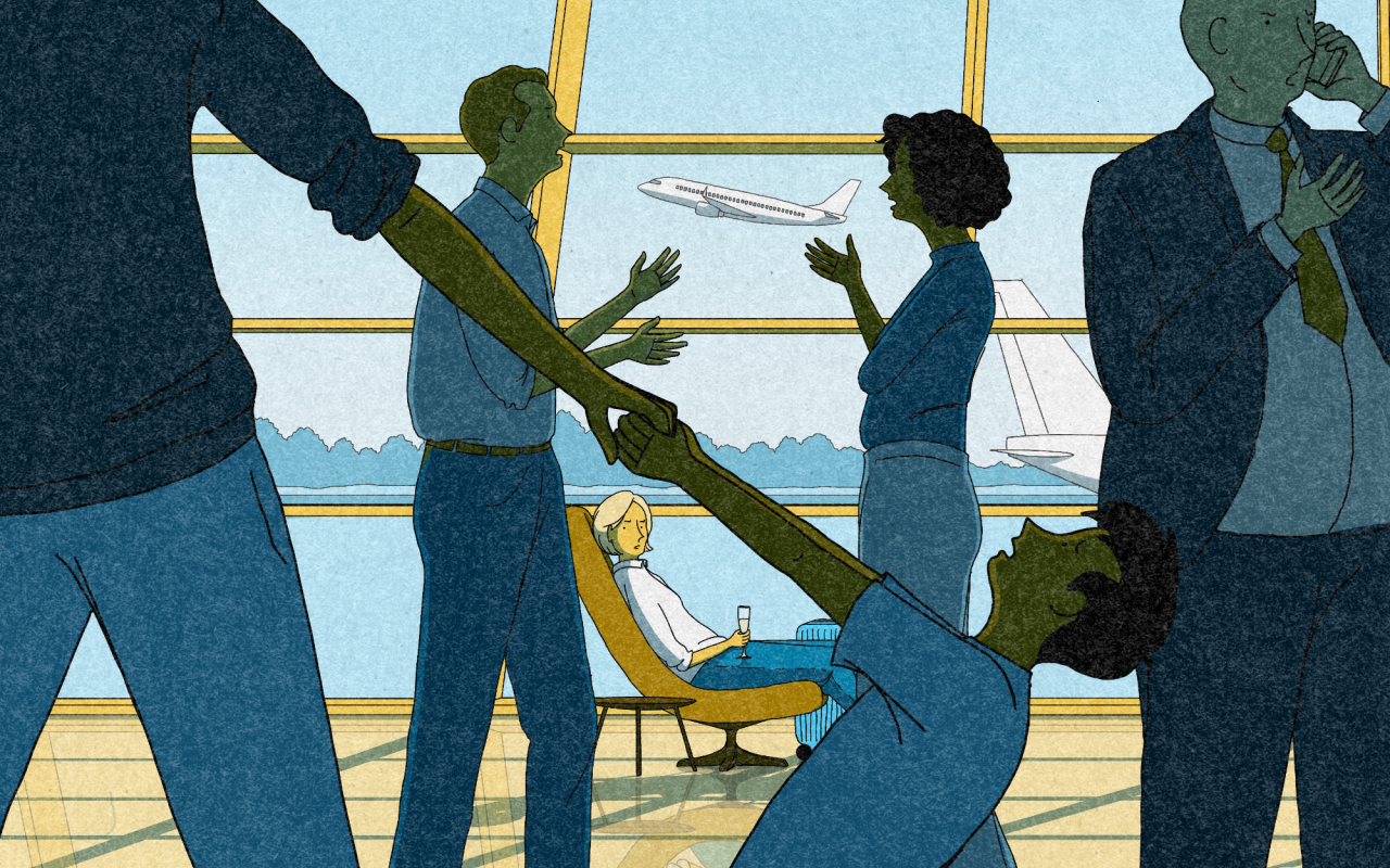 Several people in business attire stand in an airport terminal, with one person awkwardly stumbling while holding a large branch, an aeroplane visible through the window behind them