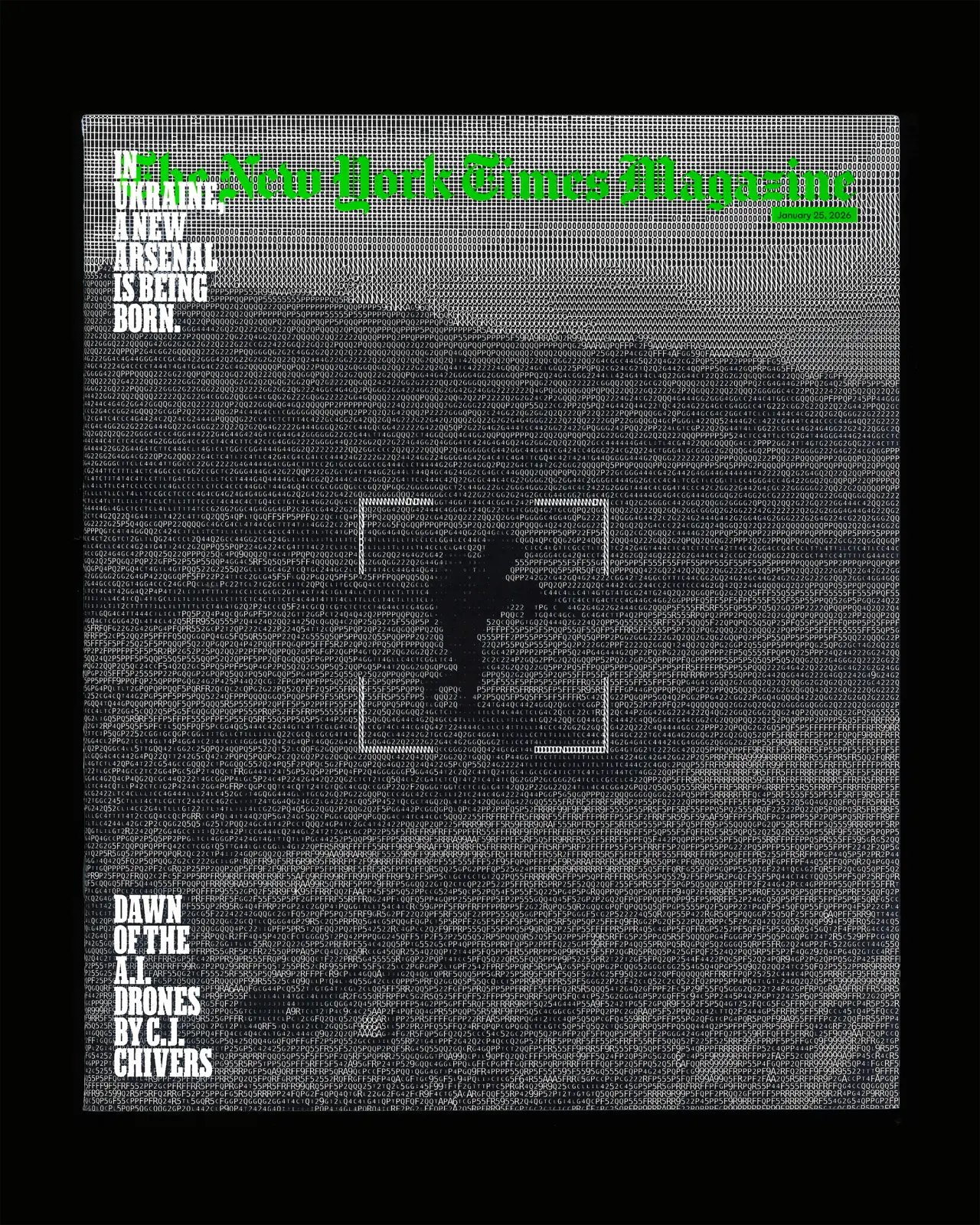 Pixelated grayscale poster for Dawn of the AI Drones by C.J. Chivers, featuring a silhouetted figure and geometric shapes against a textured background with green text overlay
