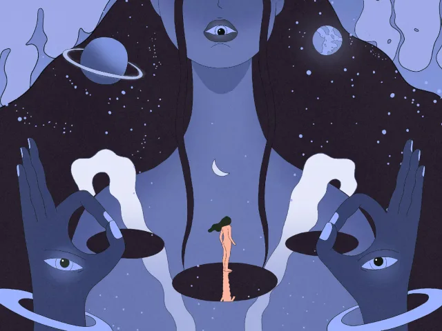 A figure stands alone in a dark cosmic void, cradled by two giant blue hands adorned with celestial patterns, surrounded by planets and stars