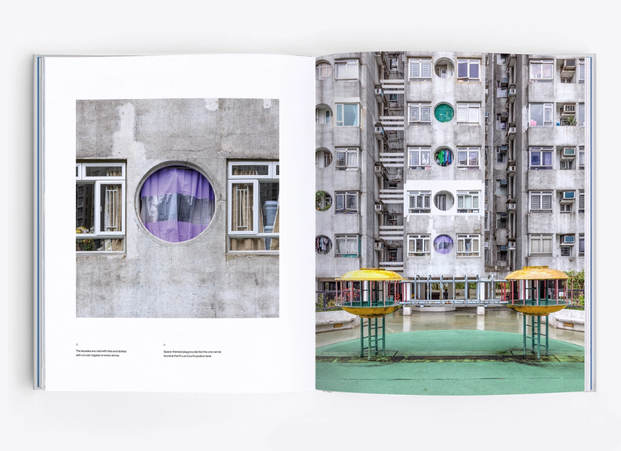 Double-page spread from Concrete Hong Kong book showing a brutalist tower block with circular purple window on left, and colourful residential building with turquoise pool and yellow structures below on right