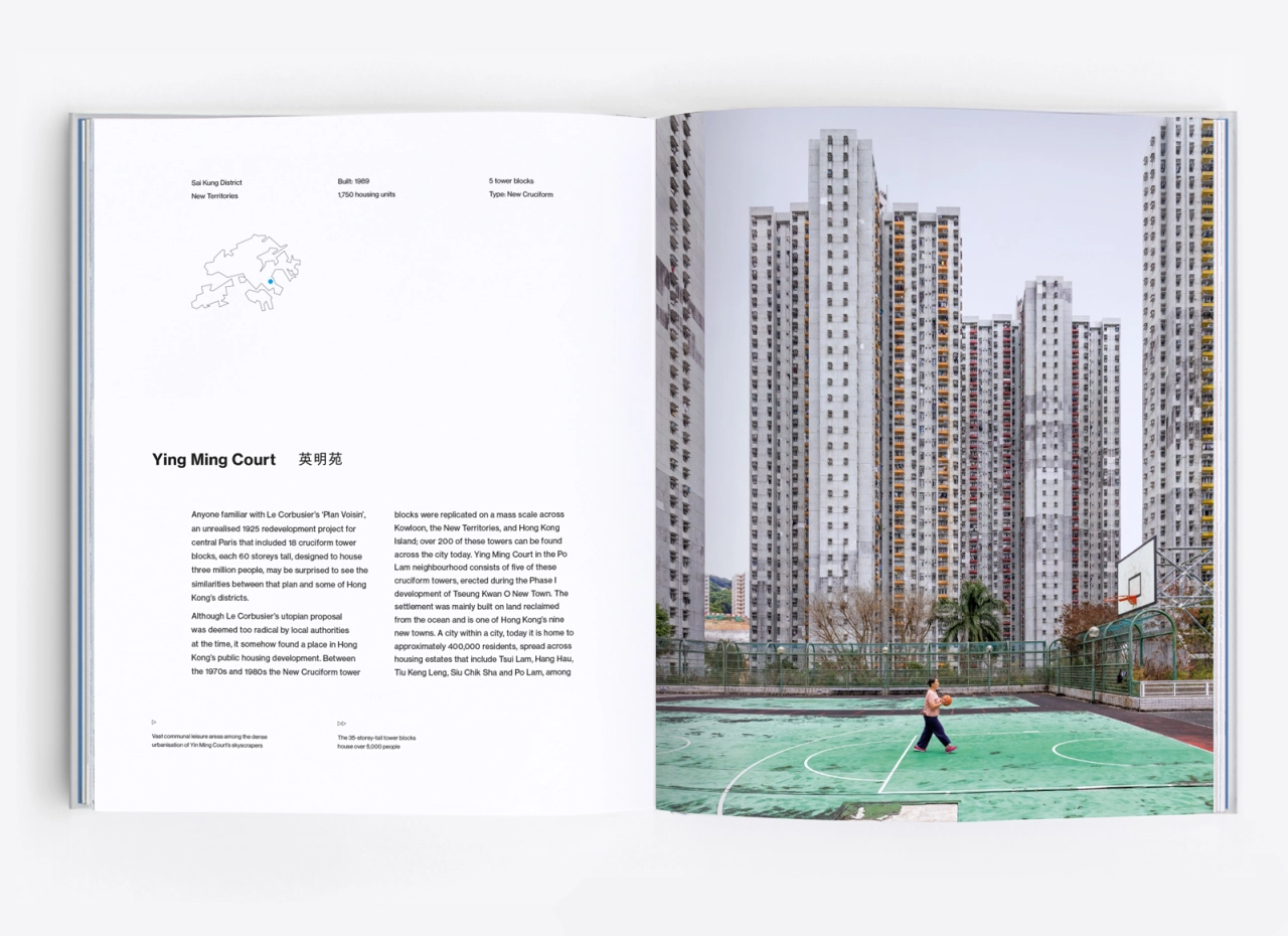 Open book spread showing Ying Ming Court text and information on left page, with photograph of a person on a bright green sports court surrounded by tall residential tower blocks on right page